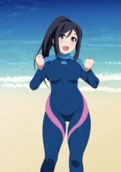 Rule 34 | 1girl, absurdres, beach, black hair, blue wetsuit, bodysuit, breasts, covered navel, diving suit, high ponytail, highres, large breasts, love live!, love live! sunshine!!, matsuura kanan, open mouth, purple eyes, sand, sidelocks, solo, standing, supudere (doki2sdale), water, wetsuit