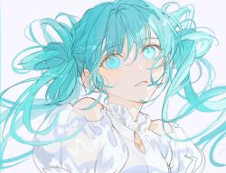 Rule 34 | 1girl, aqua eyes, aqua hair, arms at sides, bare shoulders, blue theme, breasts, close-up, clothing cutout, collarbone, double bun, expressionless, eyelashes, facing viewer, floating hair, hair between eyes, hair bun, hair rings, hair up, hatsune miku, head tilt, high collar, highres, light, limited palette, long hair, looking afar, makoto (roketto-massyumaro), messy hair, off-shoulder shirt, off shoulder, parted lips, puffy short sleeves, puffy sleeves, see-through, see-through sleeves, shade, shirt, short sleeves, sidelighting, sidelocks, simple background, small breasts, solo, tareme, upper body, very long hair, vocaloid, white background, white shirt, white theme