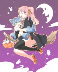 Rule 34 | 1boy, 1girl, age difference, animal ears, black legwear, blue eyes, blue hair, blush, broom, broom riding, child, crescent moon, flying, full body, ghost, halloween, looking at viewer, moon, nei (os), onee-shota, original, os (os fresa), souta (os), tail, wolf ears, wolf paws, wolf tail
