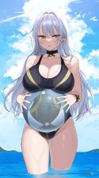 Rule 34 | 1girl, absurdres, bad id, bad pixiv id, ball, bare arms, bare legs, bell, black one-piece swimsuit, blue sky, bracelet, breasts, choker, cleavage, cloud, collarbone, commentary, covered navel, day, gluteal fold, highres, holding, holding ball, horizon, jewelry, large breasts, long hair, looking to the side, myao (o3o333), neck bell, ocean, one-piece swimsuit, original, outdoors, parted lips, revision, silver hair, sky, solo, swimsuit, symbol-only commentary, thigh gap, thighs, wading, yellow eyes