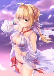 Rule 34 | 1girl, absurdres, ahoge, babydoll, bikini, blonde hair, bracelet, braid, breasts, earrings, fate/grand order, fate (series), flower, green eyes, hair down, hair intakes, half updo, halterneck, hane yuki, highres, jewelry, long hair, looking at viewer, medium breasts, navel, nero claudius (fate), nero claudius (fate) (all), nero claudius (swimsuit caster) (fate), nero claudius (swimsuit caster) (third ascension) (fate), petals, rose, see-through clothes, side-tie bikini bottom, smile, solo, striped bikini, striped clothes, swimsuit, white flower, white rose, wind