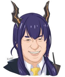 Rule 34 | arknights, black jacket, blue hair, ch&#039;en (arknights), dragon horns, horns, jacket, jackie chan, looking at viewer, medium hair, name connection, neckwear request, open mouth, paran01d, portrait, shirt, simple background, smile, solo, teeth, what, white background, white shirt