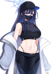 Rule 34 | 1girl, 82jhin, absurdres, bare shoulders, baseball cap, black hat, black pants, black shirt, blue archive, blue eyes, blue hair, blush, breasts, commentary request, cowboy shot, crop top, grey jacket, hat, highleg, highleg panties, highres, jacket, korean commentary, large breasts, leggings, long hair, long sleeves, looking at viewer, mask, midriff, mouth mask, navel, off shoulder, open clothes, open jacket, panties, pants, saori (blue archive), shirt, simple background, sleeveless, sleeveless shirt, solo, standing, stomach, thighs, thong, underwear, whale tail (clothing), white background