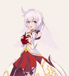 Rule 34 | 1girl, absurdres, blue eyes, delusion god, detached sleeves, dress, highres, honkai (series), honkai impact 3rd, kiana kaslana, looking at viewer, open mouth, side ponytail, smile, solo, strapless, strapless dress, theresa apocalypse, theresa apocalypse (celestial hymn), thighhighs, white hair, white thighhighs, zettai ryouiki
