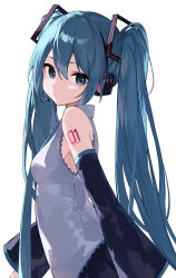 Rule 34 | 1girl, absurdres, aqua hair, aqua necktie, bare shoulders, black skirt, black sleeves, blue eyes, breasts, closed mouth, commentary, detached sleeves, from side, grey shirt, hair between eyes, hatsune miku, headset, highres, long hair, looking at viewer, looking to the side, necktie, number tattoo, rakugaki ningen, shirt, shoulder tattoo, skirt, sleeveless, sleeveless shirt, small breasts, solo, tattoo, twintails, upper body, very long hair, vocaloid, white background, wide sleeves