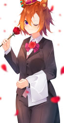 Rule 34 | 1girl, ;), animal ears, black jacket, black pants, blurry, blurry foreground, bow, closed mouth, collared shirt, commentary request, crown, depth of field, dress shirt, ear piercing, flower, hair between eyes, highres, holding, holding flower, horse ears, jacket, long sleeves, looking at viewer, mini crown, one eye closed, orange hair, pants, petals, piercing, purple bow, purple eyes, red flower, red rose, rose, shirt, short hair, simple background, smile, solo, striped, striped bow, suisen-21, t.m. opera o (umamusume), tuxedo, umamusume, white background, white shirt
