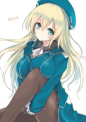 Rule 34 | 10s, 1girl, atago (kancolle), beret, black gloves, blonde hair, blush, breast press, breasts, gloves, green eyes, hat, kantai collection, knee up, large breasts, long hair, looking at viewer, military, military uniform, nao (qqqbb), pantyhose, sitting, smile, solo, twitter username, uniform, white background