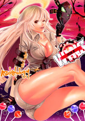 Rule 34 | 1girl, ;), artist name, ass, bad id, bad pixiv id, breasts, cameltoe, candy, character name, cleavage, spiked halo, food, gameplay mechanics, gigiman (giginoart), guilty gear, guilty gear xrd, halo, jack-o&#039; valentine, large breasts, lips, lollipop, long hair, mask, multicolored hair, nose, one eye closed, red eyes, red hair, shorts, smile, solo, thighs, two-tone hair, unworn mask, white hair