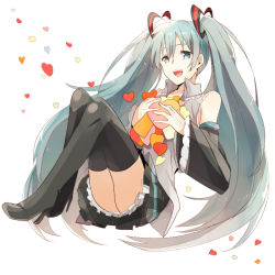 Rule 34 | 1girl, boots, detached sleeves, full body, hatsune miku, heart, heart on chest, high heels, kujou saku, long hair, open mouth, shoes, simple background, sitting, skirt, solo, thigh boots, thighhighs, twintails, very long hair, vocaloid, white background