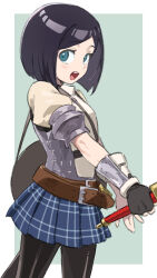 Rule 34 | 1girl, arm armor, armor, belt, belt buckle, black hair, black pantyhose, blue eyes, blue skirt, bowl cut, breastplate, brown belt, buckle, cropped legs, etrian odyssey, fingerless gloves, from side, gloves, green background, highres, holding, holding sword, holding weapon, looking at viewer, looking to the side, mya-zawa, pantyhose, pleated skirt, sekaiju no meikyuu, sekaiju no meikyuu 4, shield, shield on back, skirt, smile, striped clothes, striped skirt, sword, swordsman (sekaiju 4), swordsman 2 (sekaiju 4), weapon