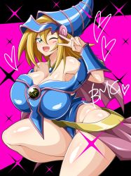 Rule 34 | 1girl, artist request, ass, bare legs, bare shoulders, blonde hair, blue footwear, blush, blush stickers, breasts, character name, choker, cleavage, curvy, dark magician girl, duel monster, green eyes, hair between eyes, hat, highres, huge ass, long hair, looking at viewer, magical girl, no panties, one eye closed, shiny skin, simple background, solo, v, very long hair, wand, wide hips, wink, wizard hat, yu-gi-oh!