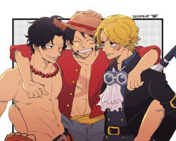 Rule 34 | 3boys, ;), ^ ^, arm over shoulder, artist name, ascot, bad id, bad pixiv id, bead necklace, beads, black coat, black hair, blonde hair, brothers, closed eyes, coat, eyewear around neck, grin, hand on another&#039;s head, hat, highres, industrial pipe, ascot, jewelry, long sleeves, male focus, monkey d. luffy, multiple boys, necklace, one eye closed, one piece, open clothes, open shirt, portgas d. ace, sabo (one piece), scar, scar on chest, scar on face, short hair, siblings, smile, straw hat, tbt, topless male