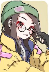 Rule 34 | 1girl, 3wdog s, :p, animification, beanie, belt, black hair, ear piercing, glasses, gloves, green hat, hair behind ear, hat, highres, jacket, killjoy (valorant), long hair, looking at viewer, partially fingerless gloves, piercing, round eyewear, simple background, smile, solo, tongue, tongue out, valorant, yellow belt, yellow jacket