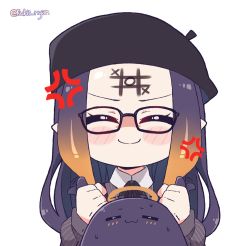 Rule 34 | 1girl, anger vein, angry, black hair, black hat, black neckwear, blush stickers, body writing, chibi, closed eyes, commentary, creature, english commentary, facepaint, flat cap, forehead, gradient hair, grey shirt, hat, hololive, hololive english, kukie-nyan, long hair, long sleeves, multicolored hair, nervous sweating, ninomae ina&#039;nis, ninomae ina&#039;nis (casual), orange hair, pinstripe pattern, pinstripe shirt, puffy long sleeves, puffy sleeves, shirt, sidelocks, sideways hat, simple background, smile, solo, striped, sweat, takodachi (ninomae ina&#039;nis), tic-tac-toe, twitter username, virtual youtuber, white background