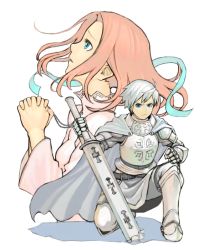 Rule 34 | 1boy, 1girl, armor, armored boots, belt, belt buckle, blue eyes, blue ribbon, boots, buckle, cape, closed mouth, dress, frown, gauntlets, greaves, holding, holding jewelry, holding necklace, holding sword, holding weapon, interlocked fingers, jewelry, k+, knight, long hair, necklace, on one knee, orange hair, own hands clasped, own hands together, parted lips, pauldrons, pink dress, praying, profile, ribbon, scabbard, serious, sheath, sheathed, short hair, shoulder armor, simple background, sword, weapon, white background, white hair