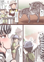 Rule 34 | !, ..., 1boy, 2girls, ^^^, ahoge, animal, animal ears, animal print, bag, black hair, blush, brown hair, comic, commentary request, creature and personification, day, eyelashes, flying sweatdrops, furrowed brow, grey eyes, hand on own cheek, hand on own face, hat, highres, kemono friends, layered sleeves, long hair, long sleeves, looking at another, low ponytail, multicolored hair, multiple girls, outdoors, plains zebra (kemono friends), print sleeves, railing, shirt, short hair, short over long sleeves, short sleeves, shorts, shouting, spoken ellipsis, spoken exclamation mark, squiggle, surprised, t-shirt, tanaka kusao, thinking, thought bubble, translated, two-tone hair, very long hair, white hair, zebra, zebra ears, zebra print