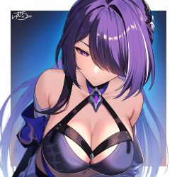 Rule 34 | 1girl, absurdres, acheron (honkai: star rail), armpit crease, bare shoulders, blue background, blue eyes, blue hair, border, breasts, cleavage, closed mouth, collarbone, commentary request, hair ornament, hair over one eye, highres, honkai: star rail, honkai (series), large breasts, looking down, multicolored background, ramchi, simple background, upper body, white border