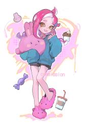 Rule 34 | 1girl, :d, animal slippers, baggy clothes, black shorts, blue sweater, bra strap, braid, c0 mai, candy wrapper, commission, cookie, cup, cupcake, drinking straw, drooling, fang, food, full body, hair tie, highres, holding, holding stuffed toy, long hair, nintendo, octoling, octoling girl, octoling player character, open mouth, orange eyes, pink footwear, pink hair, shorts, sleeves past fingers, sleeves past wrists, slippers, smile, solo, splatoon (series), standing, standing on one leg, stuffed animal, stuffed rabbit, stuffed toy, suction cups, sweater, tentacle hair, twin braids, white background