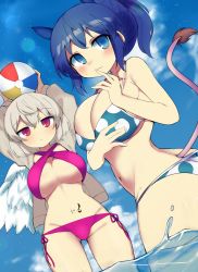 Rule 34 | 2girls, alternate hairstyle, animal ears, arms up, ball, bare arms, bare shoulders, beachball, bikini, blue bikini, blue eyes, blue hair, blue sky, blush, breasts, cleavage, cloud, commentary request, cowboy shot, day, doremy sweet, dutch angle, feathered wings, gluteal fold, grey jacket, groin, hair between eyes, halterneck, hand up, highres, holding, holding ball, huge breasts, jacket, jitome, kishin sagume, large breasts, lens flare, light particles, long sleeves, looking at viewer, multiple girls, navel, navel piercing, no headwear, open clothes, open jacket, outdoors, piercing, polka dot, polka dot bikini, purple bikini, red eyes, sakaki (utigi), short hair, short ponytail, side-tie bikini bottom, sidelocks, silver hair, single wing, sky, smile, standing, stomach, stomach tattoo, swimsuit, tail, tapir ears, tapir tail, tattoo, thighs, touhou, underboob, wading, water, white wings, wings