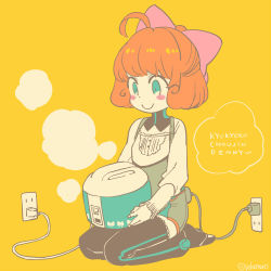 Rule 34 | 1girl, ahoge, android, blush, bow, cable, charging, closed mouth, curly hair, dress, electric plug, electrical outlet, flat color, freckles, full body, green eyes, hair bow, hair ornament, hair ribbon, happy, holding, holding rice cooker, kneeling, long sleeves, looking down, orange hair, penny polendina, pink ribbon, power cord, ribbon, rice cooker, rwby, seiza, shoes, short hair, sitting, smile, smoke, solo, steam, thighhighs, wall socket, yellow background, yukataro