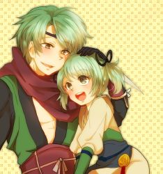 Rule 34 | 1boy, 1girl, blush, brown eyes, father and daughter, fire emblem, fire emblem fates, gloves, green hair, kaze (fire emblem), midori (fire emblem), minky dodo, ninja, nintendo, open mouth, simple background
