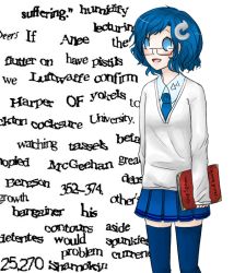 Rule 34 | 1girl, 4chan, ?, blue eyes, blue hair, captcha, captcha-tan, drawfag, glasses, necktie, non-web source, original, personification, short hair, skirt, solo, text focus, thighhighs