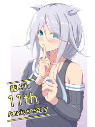 Rule 34 | 1girl, anniversary, blue eyes, braid, finger to mouth, gradient background, grey sweater, hair flaps, hair over one eye, highres, index fingers raised, kantai collection, mole, mole under eye, official alternate costume, saburou hiji, single braid, solo, sweater, umikaze (kancolle), upper body, white background