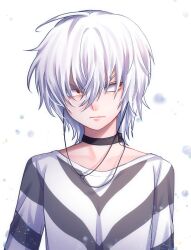 Rule 34 | &gt;:(, 1boy, accelerator (toaru majutsu no index), albino, ambiguous gender, androgynous, annoyed, arms at sides, arrow (symbol), arrow print, black choker, choker, diagonal-striped shirt, electrodes, frown, furrowed brow, hair between eyes, highres, long sleeves, looking to the side, loose clothes, loose shirt, male focus, messy hair, pale skin, red eyes, sanpaku, shirt, short hair, solo, standing, striped clothes, striped shirt, toaru majutsu no index, two-tone shirt, upper body, v-shaped eyebrows, white background, white hair, wo zatta