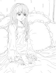 Rule 34 | 1girl, artist request, bed, charlotte pudding, long hair, looking away, monochrome, on bed, one piece, pajamas, solo, third eye