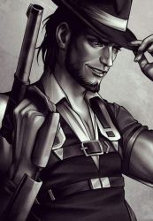 Rule 34 | 1boy, facial hair, hat, holding, holding weapon, kenny ackerman, limited palette, male focus, monochrome, shingeki no kyojin, simple background, smile, solo, three-dimensional maneuver gear, upper body, varrix, weapon