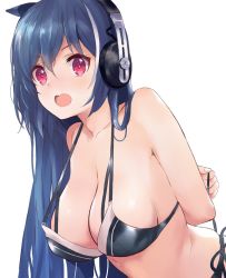 Rule 34 | 1girl, :o, arms behind back, azur lane, bare shoulders, bikini, black bikini, blue hair, blush, breasts, cleavage, collarbone, commentary request, copyright request, headphones, large breasts, leaning forward, long hair, looking at viewer, open mouth, red eyes, side-tie bikini bottom, simple background, solo, strap gap, swimsuit, tetsujin momoko, upper body, very long hair, white background
