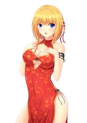 Rule 34 | 1girl, absurdres, bare shoulders, bell, blonde hair, blue eyes, blush, breasts, china dress, chinese clothes, cleavage, cleavage cutout, clothing cutout, contrapposto, covered navel, cowboy shot, dress, hair bell, hair between eyes, hair ornament, hands on own chest, highres, kami no kaze zero shugyou-chuu, large breasts, looking at viewer, original, pelvic curtain, short hair, short hair with long locks, side slit, solo, standing, underboob cutout, white background