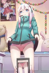 Rule 34 | 10s, 1girl, blue eyes, bow, bow panties, cellphone, closed mouth, clothes lift, eromanga sensei, hair bow, headset, highres, holding, indoors, izumi sagiri, jacket, jacket lift, lifted by self, long hair, long sleeves, low-tied long hair, necktie, panties, phone, pink bow, pink panties, poster (medium), side-tie panties, silver hair, smartphone, solo focus, standing, stuffed animal, stuffed toy, taking picture, underwear