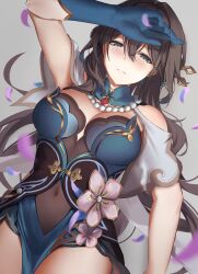 Rule 34 | 1girl, absurdres, aqua eyes, bare shoulders, bead necklace, beads, black hair, blue eyes, breasts, brown hair, chinese clothes, cleavage, clothing cutout, covered navel, dress, falling petals, gloves, hair ornament, hair stick, highres, honkai: star rail, honkai (series), jewelry, long hair, lying, medium breasts, necklace, petals, ruan mei (honkai: star rail), short sleeves, shoulder cutout, solo, sprygon
