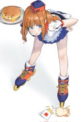 Rule 34 | 1girl, apron, bent over, blue eyes, blue skirt, blunt bangs, burger, food, french fries, frilled apron, frills, from above, hair intakes, hamster, hamuzou, hand on own hip, headset, highres, holding, holding tray, idolmaster, idolmaster (classic), idolmaster million live!, idolmaster million live! theater days, knees, light blush, long hair, lying, multicolored clothes, multicolored headwear, open mouth, orange hair, pleated skirt, roller skates, saya endo (27), shirt, skates, skirt, takatsuki yayoi, tareme, tray, wavy hair, white apron, white background, white shirt