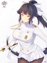 Rule 34 | 1girl, absurdres, artist name, azur lane, black hair, black pantyhose, blackwatchar, bow, breasts, cowboy shot, gloves, hair bow, highres, holding, holding sword, holding weapon, jacket, katana, large breasts, long hair, looking at viewer, medal, military, military uniform, miniskirt, pantyhose, parted lips, pleated skirt, ponytail, skirt, solo, sword, takao (azur lane), uniform, very long hair, weapon, white bow, white gloves, white jacket, white skirt, yellow eyes