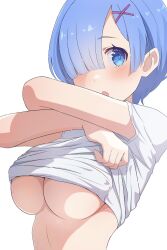 Rule 34 | 1girl, :o, blue eyes, blue hair, blunt bangs, blush, breasts, camui1104, hair ornament, hair over one eye, hands up, hashtag only commentary, highres, large breasts, looking at viewer, re:zero kara hajimeru isekai seikatsu, rem (re:zero), shirt, short hair, short sleeves, simple background, solo, underboob, undressing, white background, white shirt, x hair ornament