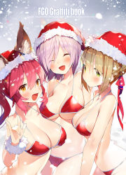 Rule 34 | 3girls, alternate costume, animal ears, bare arms, bare shoulders, bikini, blonde hair, blush, braid, breasts, christmas, cleavage, closed eyes, collarbone, commentary request, cover, cover page, fate/grand order, fate (series), fox ears, fur trim, gaou (umaiyo puyoman), green eyes, hair between eyes, hair ribbon, half updo, halterneck, hand up, hat, head tilt, large breasts, light purple hair, long hair, looking at viewer, m/, mash kyrielight, multiple girls, navel, nero claudius (fate), nero claudius (fate) (all), nero claudius (fate/extra), open mouth, orange eyes, pink hair, red bikini, red hat, red ribbon, ribbon, santa hat, smile, snow, string bikini, swimsuit, tamamo (fate), tamamo no mae (fate/extra), thigh gap, underboob