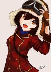 Rule 34 | 1girl, :d, absurdres, adjusting goggles, black hair, blue scarf, brown eyes, brown gloves, coat, fingerless gloves, fur trim, gloves, goggles, goggles on headwear, hand up, highres, kirie (kouya no kotobuki hikoutai), kouya no kotobuki hikoutai, long sleeves, looking at viewer, open mouth, red coat, scarf, short hair, smile, solo, standing, white background, yoshinogirly