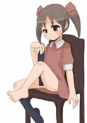 Rule 34 | 1girl, barefoot, blush, chair, child, copyright request, dress, feet, panties, pantyshot, shiny skin, simple background, single sock, sitting, socks, solo, toes, twintails, underwear, white background, white panties, yukihyou (blue 0129)