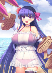 Rule 34 | 10s, 1girl, :d, arm up, bare shoulders, bikini, blue sky, blush, bow, breasts, choker, claws, cleavage, cloud, cloudy sky, collarbone, day, detached sleeves, dress, fate/extra, fate/extra ccc, fate (series), flower, hair bow, hair flower, hair ornament, horizon, huge breasts, long hair, navel, o-ring, o-ring bikini, o-ring top, ocean, open mouth, outdoors, passionlip (fate), pink bow, purple choker, purple eyes, purple hair, red bikini, red flower, see-through, side-tie bikini bottom, sky, smile, solo, srwsrx (gp03dsrx), strapless, strapless dress, swimsuit, very long hair, water