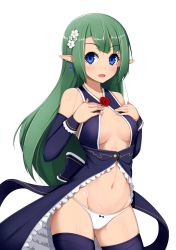 Rule 34 | 1girl, alfort (may0508), bare shoulders, black thighhighs, blue eyes, blush, bow, bow panties, breasts, detached sleeves, ear blush, earrings, elf, flower, green hair, hair flower, hair ornament, highres, jewelry, looking at viewer, navel, open mouth, original, panties, pointy ears, red flower, red rose, rose, simple background, solo, thighhighs, underwear, white background, white panties