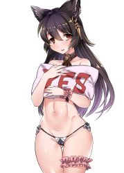 Rule 34 | 1girl, absurdres, animal ears, ascot, bags under eyes, bare shoulders, black hair, black panties, blush, brown ascot, choker, collarbone, commentary request, ear piercing, erune, female focus, gluteal fold, granblue fantasy, groin, harigane shinshi, highres, legs together, long hair, looking at viewer, navel, nier (granblue fantasy), open mouth, panties, piercing, red eyes, scrunchie, shiny skin, simple background, solo, standing, thigh gap, thigh strap, thong, underwear, white background, wrist scrunchie, yes, yes-no pillow