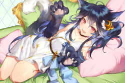 Rule 34 | 1girl, ahoge, animal ears, animal hands, blue hair, blue ribbon, blush, choker, claws, collarbone, commentary request, couch, crescent, crescent hair ornament, cushion, dotted line, dress, fang, feet out of frame, fenrir (shingeki no bahamut), granblue fantasy, hair ornament, highres, long hair, looking at viewer, lying, on side, red eyes, ribbon, sidelocks, skin fang, sleeveless, sleeveless dress, solo, strap slip, tail, white dress, wolf ears, yuntae