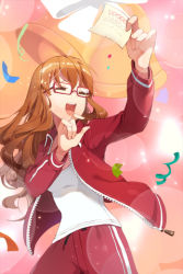Rule 34 | 1girl, :d, bell, brown hair, chief maid, closed eyes, confetti, gilse, glasses, jacket, long hair, lowres, open clothes, open jacket, open mouth, pants, smile, solo, sword girls, tank top, track jacket, track pants
