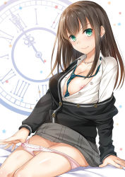 Rule 34 | 1girl, arm support, between breasts, black cardigan, breasts, brown hair, cardigan, clock, closed mouth, clothes lift, collared shirt, commentary request, dress shirt, green eyes, green necktie, grey shirt, idolmaster, idolmaster cinderella girls, legs together, long sleeves, looking at viewer, medium breasts, nakajima yuka, necktie, necktie between breasts, nipples, no bra, off shoulder, open clothes, open shirt, panties, panty pull, partially unbuttoned, pink panties, pulled by self, pussy juice, pussy juice trail, school uniform, shibuya rin, shirt, sitting, skirt, skirt lift, smile, solo, straight hair, underwear, white shirt