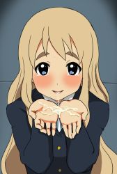 Rule 34 | 1girl, aftersex, blonde hair, blue eyes, blush, cum, cum in mouth, cum on body, cum on tongue, cum on upper body, cumdrip, cupping hands, dot nose, eyebrows, female focus, highres, k-on!, kotobuki tsumugi, long hair, looking at viewer, nagai ham, open mouth, own hands together, school uniform, solo, sweat, tagme, tears, thick eyebrows, tongue, upper body