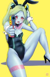 Rule 34 | 1girl, animal ears, bare shoulders, black footwear, blue skin, blush, bow, bowtie, breasts, cleavage, colored skin, covered navel, cyberpunk (series), cyberpunk edgerunners, detached collar, fake animal ears, finalcake, green hair, gun, handgun, high heels, highres, holding, holding gun, holding weapon, leotard, long hair, looking at viewer, open mouth, petite, playboy bunny, rabbit ears, rebecca (cyberpunk), red eyes, shiny skin, sitting, solo, teeth, twintails, weapon, wide hips, wrist cuffs