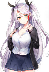 Rule 34 | 1girl, antenna hair, azur lane, black jacket, black ribbon, blue skirt, breasts, cleavage, collarbone, commentary, dress shirt, hair between eyes, hair ribbon, jacket, large breasts, long hair, looking at viewer, luse maonang, multicolored hair, open clothes, open jacket, open mouth, orange eyes, pleated skirt, prinz eugen (azur lane), ribbon, shirt, silver hair, simple background, skirt, solo, streaked hair, two side up, white background