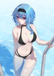 Rule 34 | 1girl, absurdres, bare arms, bare shoulders, bikini, black bikini, black choker, black hairband, blue hair, breasts, choker, cleavage, commentary request, eula (genshin impact), genshin impact, hairband, heiyizhushenxia, highres, large breasts, long hair, looking at viewer, navel, purple eyes, solo, stomach, swimsuit, thighs, wading, water